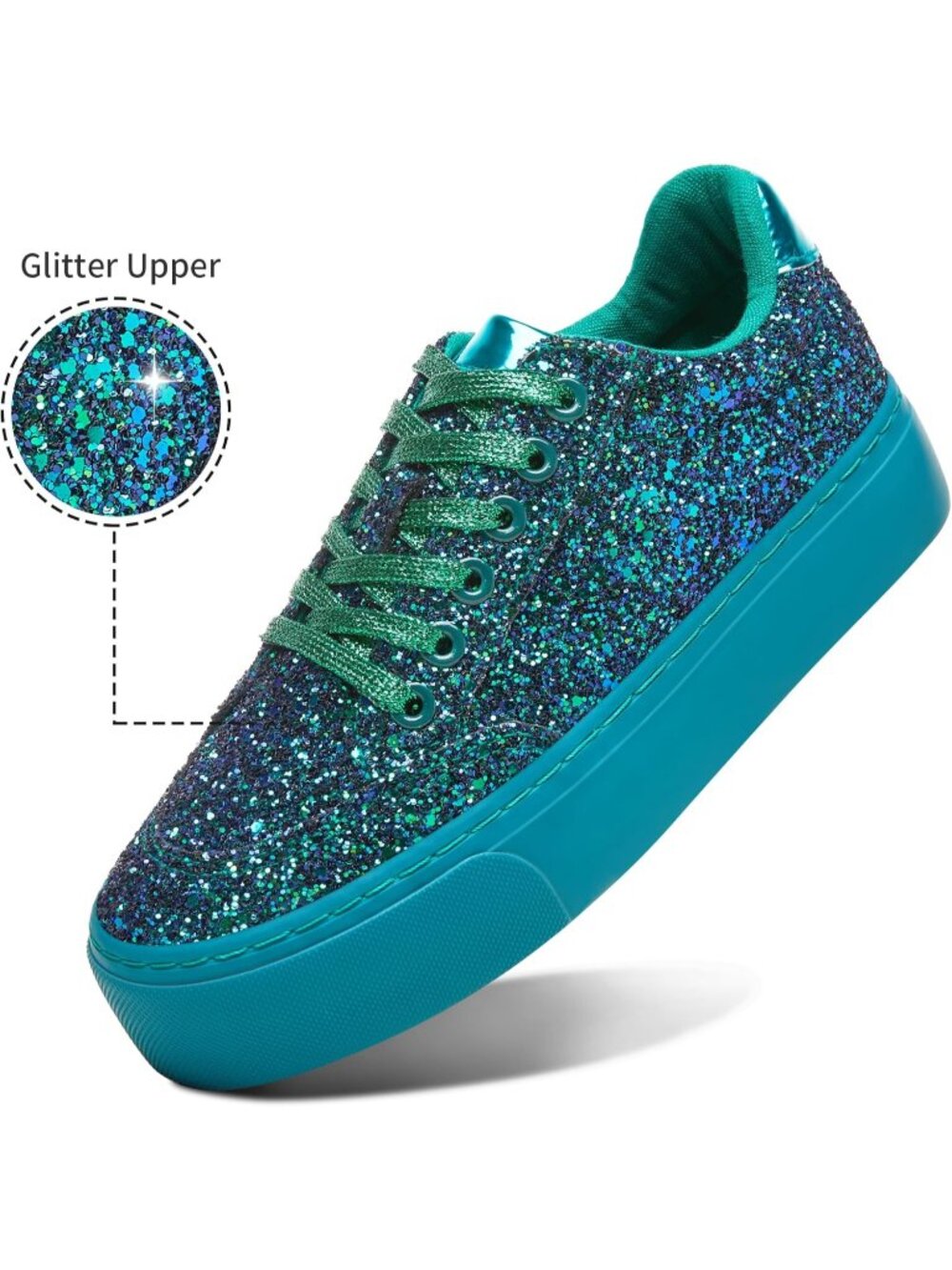 Women's Green Glitter Shiny Sequin Sparkly Bling Thick Sole Walking Sneakers - Picture 4 of 6